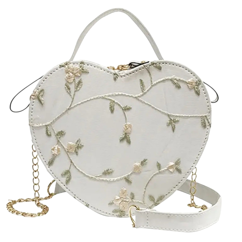 Heart-Shaped Floral Embroidered Bag - Cute Purse Crossbody - White NWT